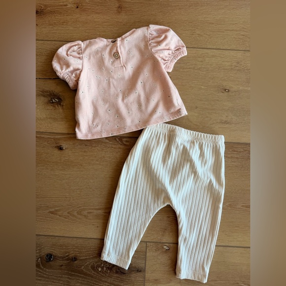 Pink Floral Ruffled Top and Cream Ribbed Pants Set - Picture 3 of 4